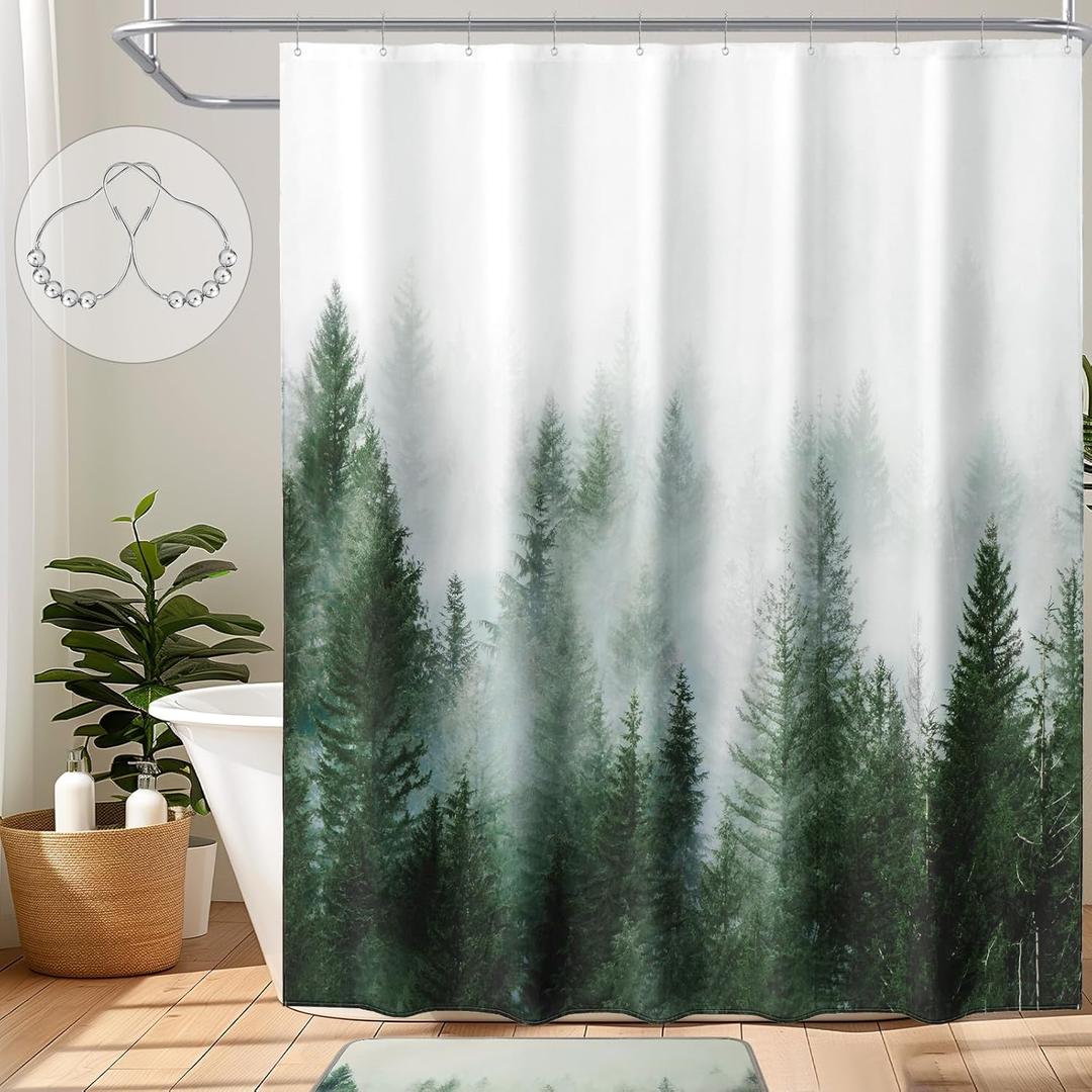 ORTIGIA Green Shower Curtain for Bathroom Misty Forest Pattern, Nature Woodland Artistic Shower Curtain Set with Metal Hooks, Waterproof Weighted Pine Tree Fog Bath Curtain, 72x72