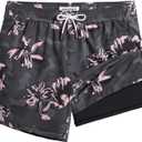 maamgic Mens Swim Trunks with Compression Liner 5" Stretch Beach Shorts Quick Dry with Zipper Pockets No-Chafing Board Shorts (Large, Dark Grey- Pink Poppy Flowers)
