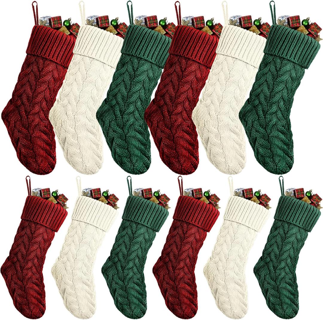 Vinsot 12 Set Christmas Stockings Christmas Cable Knitted Stockings Decoration for Fireplace Xmas Family Holiday Party(Burgundy, Ivory, Green,18 Inch,15 Inch)
