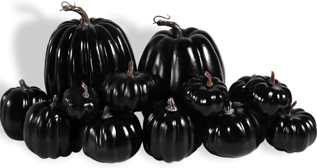 vensovo 12 Pcs Assorted Black Plastic Pumpkin Decorations - Fall Home Decor for Thanksgiving, Halloween, Wedding & Party, DIY Craft Artificial Fake Foam Pumpkins for Table Centerpiece