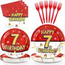 Grencian 96Pcs Happy 7th Birthday Party Supplies Cartoon Anime Themed Paper Plates and Napkins Tableware Sets Red and White Decoration for 7 Year Old Birthday Kids Children Party Serves 24