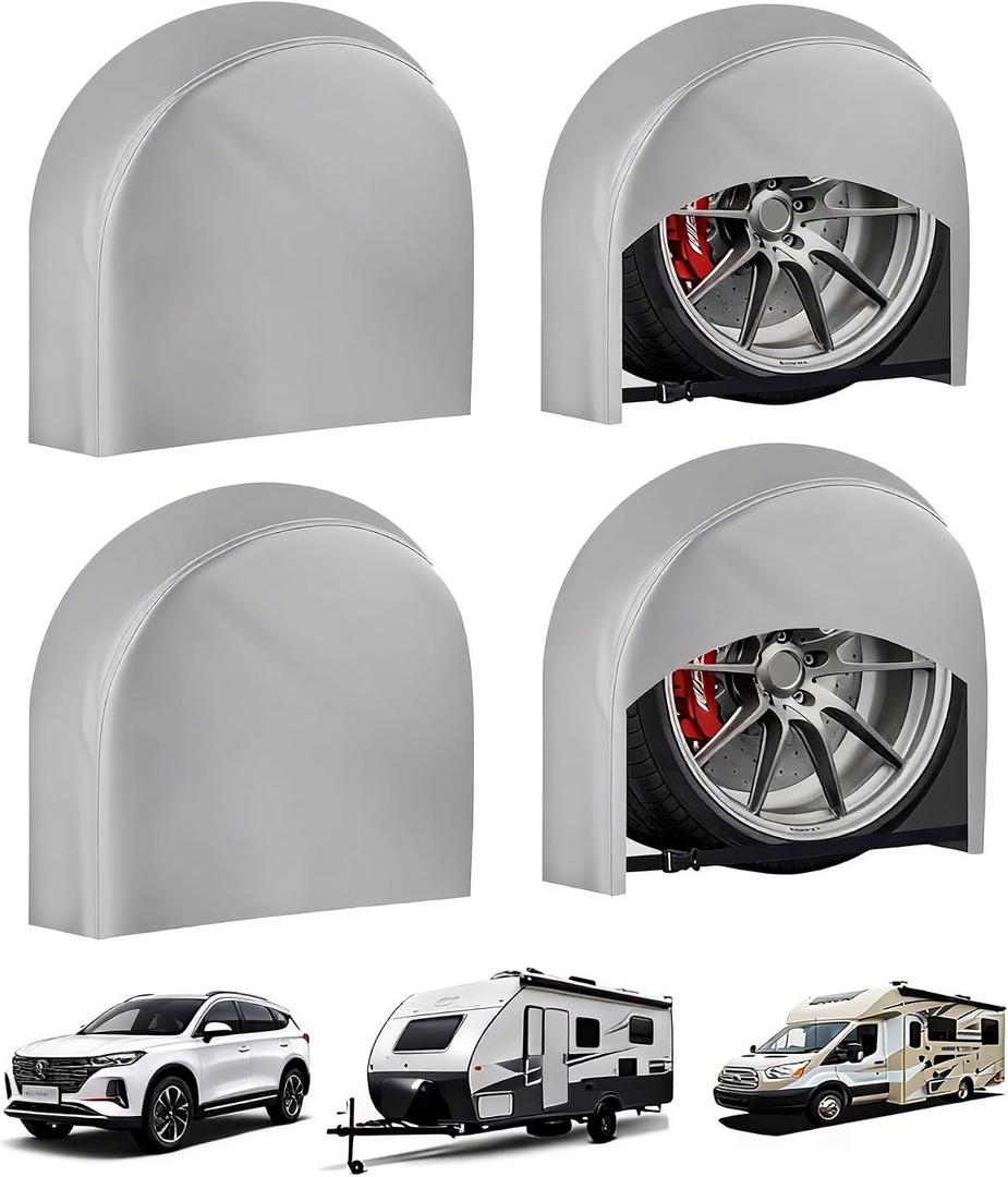 Tire Covers 4 Pack, Trailer,RV,Camper,Truc,SUV,Boat Wheel Cover for Paint Masker/Protection, Tough Covers UV Resistant Dustproof Water,Bring Windproof Buckle (FitsTire Diameters 30"-32",Silver)