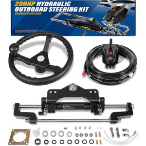 Camoo 200HP Boat Hydraulic Outboard Steering Kit with Steering Wheel, Helm Pump, Hydraulic Cylinder, 26ft High-Strength PU Hoses, Compatible with Most Single Outboard-Powered Boats