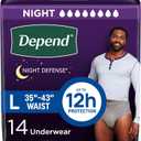 Depend Night Defense Adult Diapers, Incontinence Underwear for Men, Disposable, Overnight, Large, Grey, 14 Count