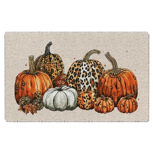 KEUSPI Fall Pumpkin Door Mat, Trendy Orange Leopard Autumn Halloween Pumpkin Welcome Mats for Home Outdoor Indoor Entrance, Farmhouse Fall Doormat for Front Door Porch Entryway, 17x30 Inches