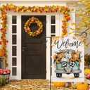 Artofy Welcome Fall Pumpkin Small Decorative Garden Flag, Autumn Thanksgiving Harvest Season Teal Truck Yard Lawn Outside Decor, Sunflower Leaves Burlap Outdoor Home Decoration Double Sided 12 x 18