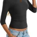 Eachyes Womens 3/4 Length Sleeve Boat Neck Tops Casual Slim Fit T-Shirts Basic Tees Spring Summer Outfits Clothes (Black, S)