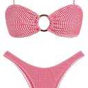 ZAFUL Women's Bandeau Tie Spaghetti Strap Bikini Textured O Ring Ruched High Leg Swimsuit Cheeky Bathing Suits, Small