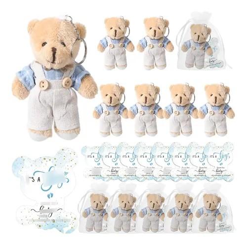 Poen 25 Sets Bear Baby Shower Favor for Guest 25 Stuffed Plush Mini Bears Plaid Tiny Stuffed Bear 25 Thank You Cards and Organza Bag for Gender Reveal Guest Gifts (Boy)