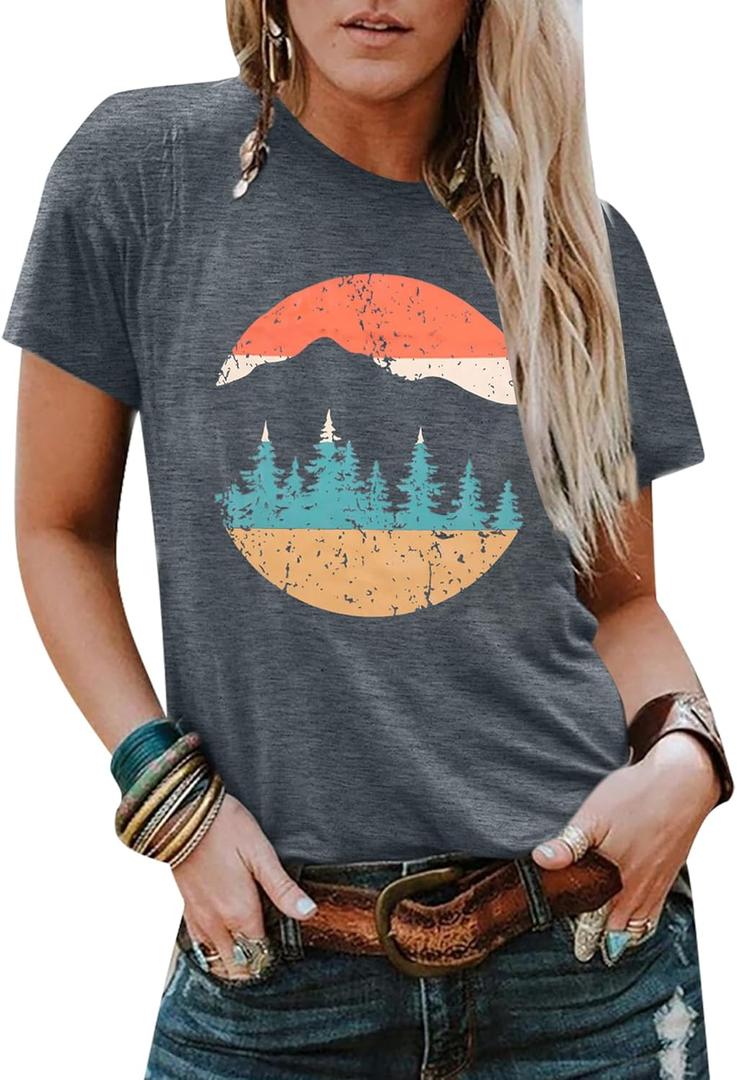 Adventure Shirts Women Funny Nature Graphic Tee Retro Camping Mountain T-Shirt Vintage Hiking Tops Casual Highway Tee (Medium, Smokey Grey)