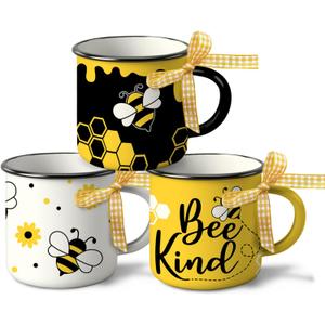 Bumble Bee Themed Spring Summer Mini Coffee Mug Set of 3, Bee Kind Honey Beehive 5 oz Mini Coffee Cups Tiered Tray Decor, Inspirational Kitchen Coffee Bar Decorations Housewarming Gift