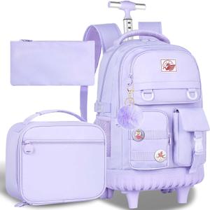 CCJPX Rolling Backpack for Girls Women, 21 inch Roller Wheels School Bookbag, Wheeled Suitcase Backpacks with Lunch Bag for Teen - Purple