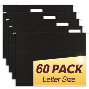 HERKKA Hanging File Folders, 60 Pack Reinforced Letter Size Hanging Folders, Designed for Bulky Files, Filing Cabinet, 1/5-Cut Adjustable Tabs (Black)