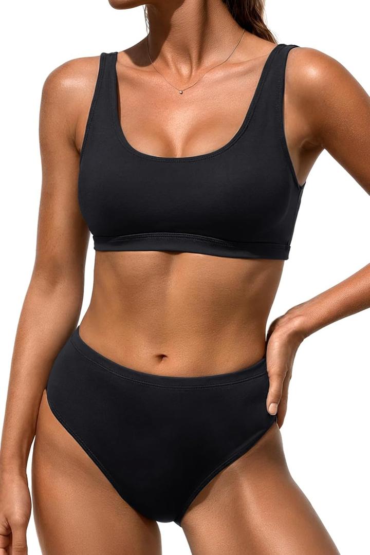 Tempt Me Women Black Scoop Neck Bikini Crop Top High Cut Two Piece Swimsuit Sporty High Waisted Bathing Suit Suit L