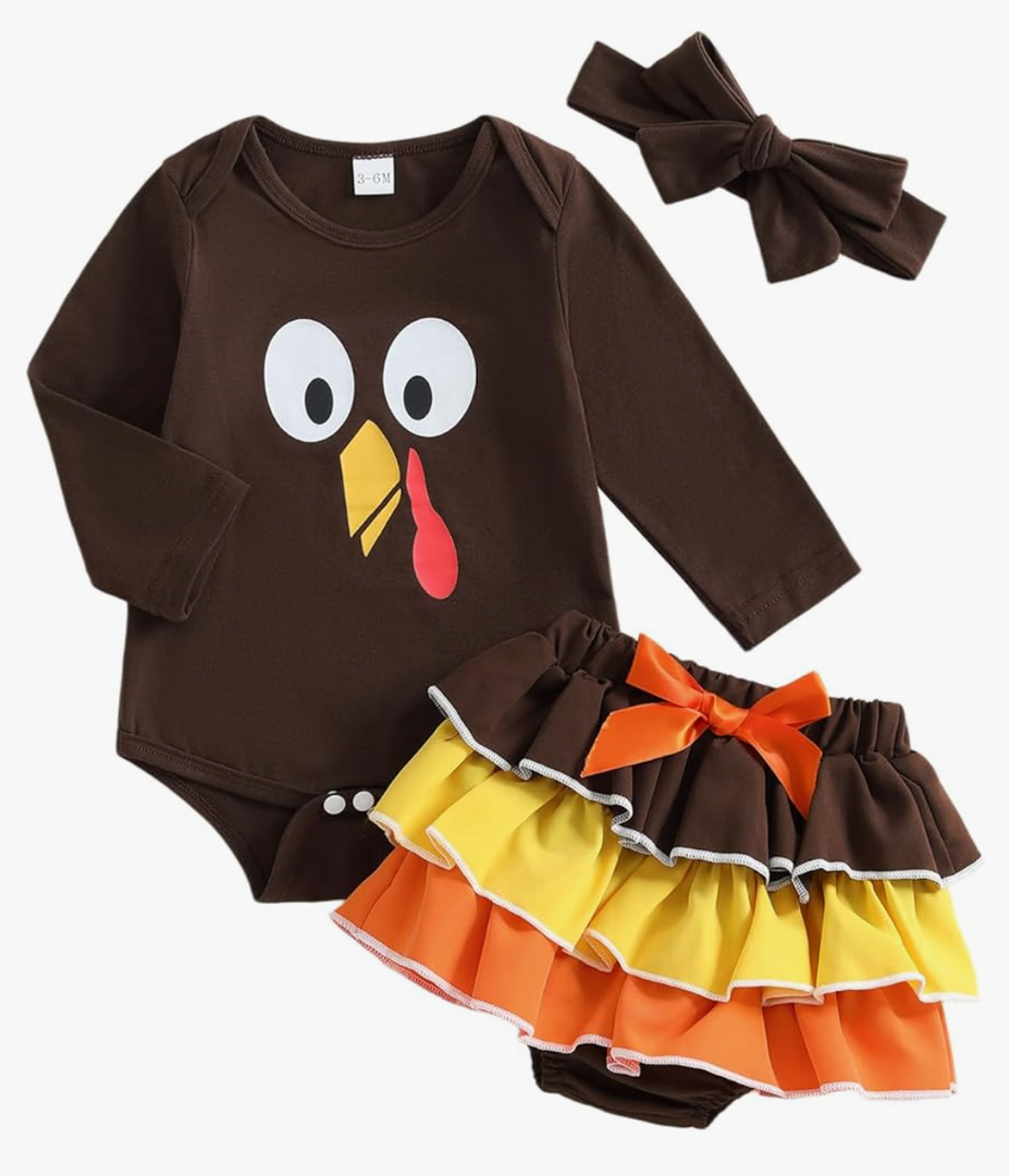 Sasaerucure Newborn Baby Girl Thanksgiving Outfit Turkey Printed Long Sleeve Romper Bodysuit Skirt Headband 3PCS Clothes Set 6-12