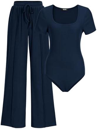 BTFBM Womens Casual 2 Pieces Outfits Dressy Square Neck Short Sleeve Bodysuit Drawstring Pants Knit Lounge Matching Sets, XL