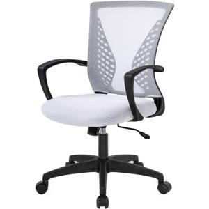 Home Office Chair Mid Back PC Swivel Lumbar Support Adjustable Desk Task Computer Ergonomic Comfortable Mesh Chair with Armrest (White)
