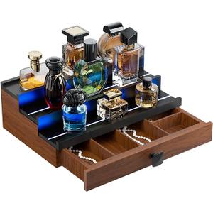 TIRYIUOU Perfume Cologne Organizer for Men: with LED Light 3 Tier Wooden Perfumes Stand, Desktop Parfum Holder Wood Display Shelf with Cabinet, Bedroom Makeup Lotion Jewelry Storage Rack with Drawer