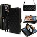 Rssviss Crossbody Case for iPhone 16 Pro Max Case Wallet, RFID Blocking Leather with Card Holder Kickstand, Handbag Zipper Flip Cover with Wrist Strap for iPhone 16 Pro Max Men Women 6.9", Black