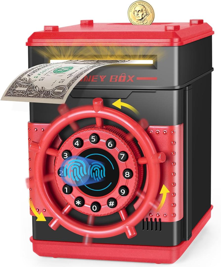 Refasy Electronic Piggy Bank for Boys Girls, Kids Safe Cash Piggy Banks, Fingerprint Simulation Money Bank Coin Banks Money Safe, Birthday Gifts Toys for 3 4 5 6 7 8 9 10 12 Year Old Kids (Red)