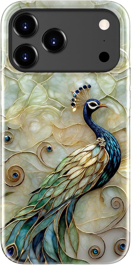 DorisMax for iPhone 17 Pro Max Case - Wireless Charging Compatible - Dual-Layer Hard Shell + Silicone Cover - Shockproof Protective Phone Case with Stylish Designs for Women - Peacock and Flower