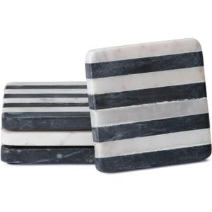Thirstystone Marble Black & White Striped Coasters with Protective Cork Backing 4" Square Absorbent, Artistic, Elegant