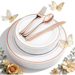 WDF-125PCS Rose Gold Plastic Silverware&Disposable Plastic Plates - Disposable Plates include 25 Dinner Plate,25 Salad Plate,25 Forks, 25 Knives, 25 Spoons for Mother's Day Wedding Party Birthday