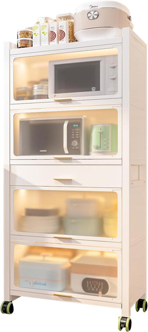 Kitchen Pantry Cabinet, 5 Tiers Freestanding Buffet Cupboards Sideboard with Brakeable Casters, Kitchen Pantry Storage Cabinet for Kitchen, Living Room and Dinning Room