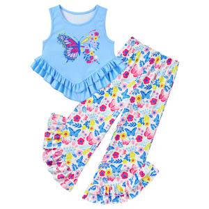 Kids4ever Girls Clothes Girl 2Pc Ruffle Outfits Light Blue Butterfly Tank Tops and Floral Flare Leg Pants for 10T Girls 2Pcs Summer Clothing Set for Kids Party