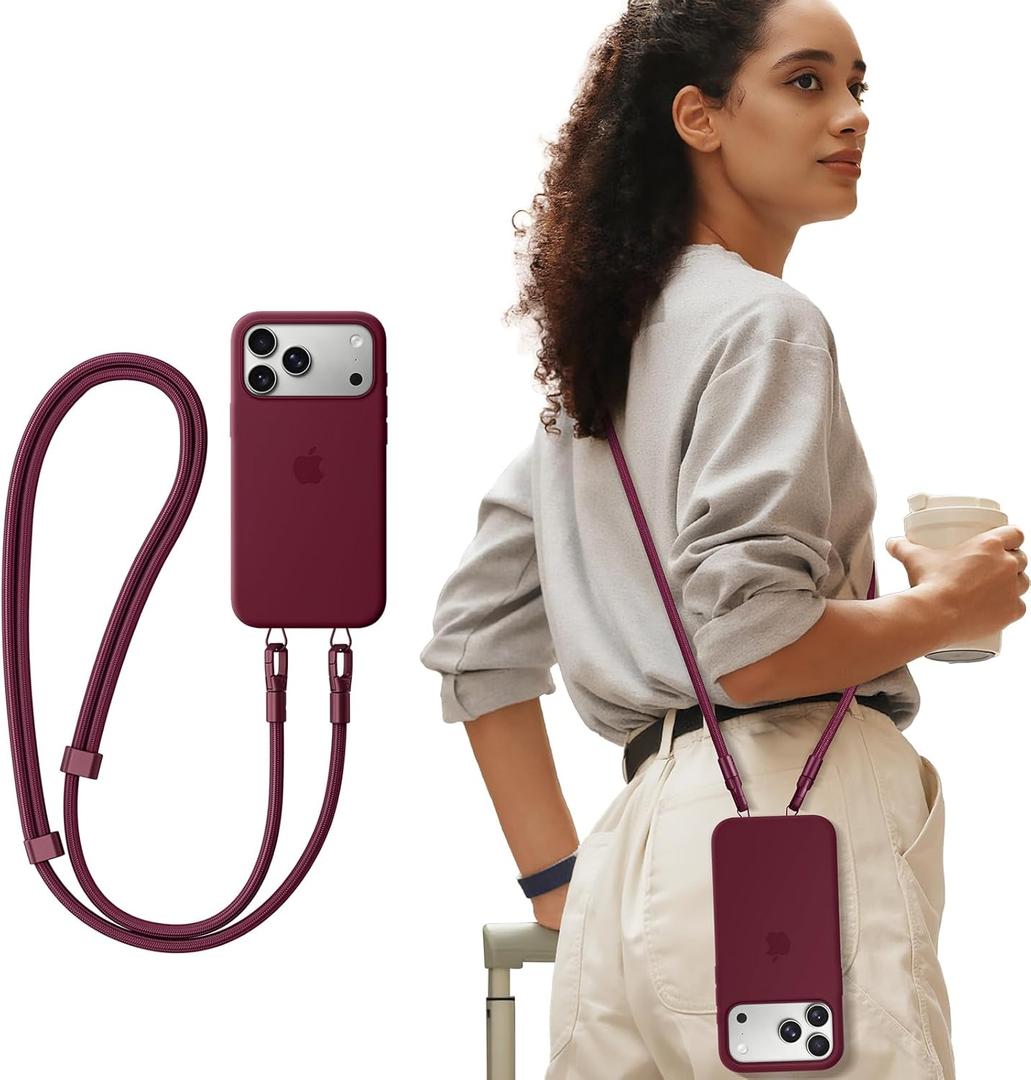 saxsion Phone Lanyard with Double Metal Buckle, Anti-Theft Crossbody Strap for iPhone, Heavy-Duty Adjustable Neck Holder (Burgundy)