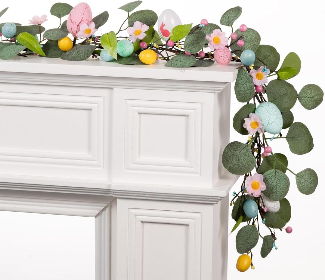 6 FT Pre-Lit Easter Garland with 20 LED Lights & Timer, Lighted Garlands Decorations for Stairs Fireplace Window Wall with Artificial Egg & Pip Berry, Eucalyptus Garland for Holiday Table Mantle Decor