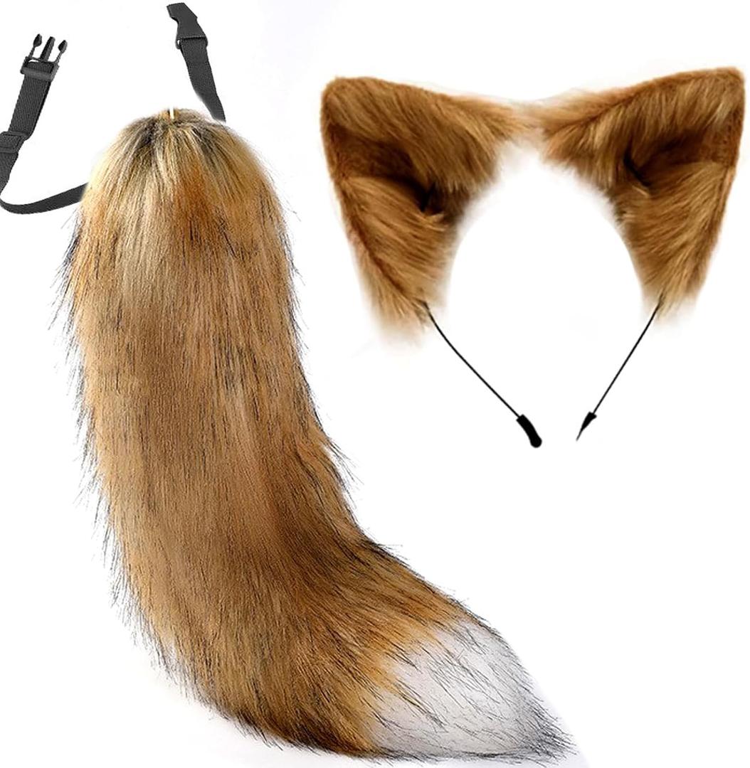 YXCFEWD Cat Wolf Fox Ears and Tail Set for Kids Fluffy Fox Tail Cosplay Party Wolf Costume Fox Tail Keychain Halloween