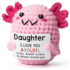WEYON Daughter Gifts from Mom on Mothers Day, Handmade Crochet Axolotl Plush with I Love You Sign, Teen Girl Trendy Stuff, Birthday Christmas Valentines Easter Basket Stuffers for Tweens Kid