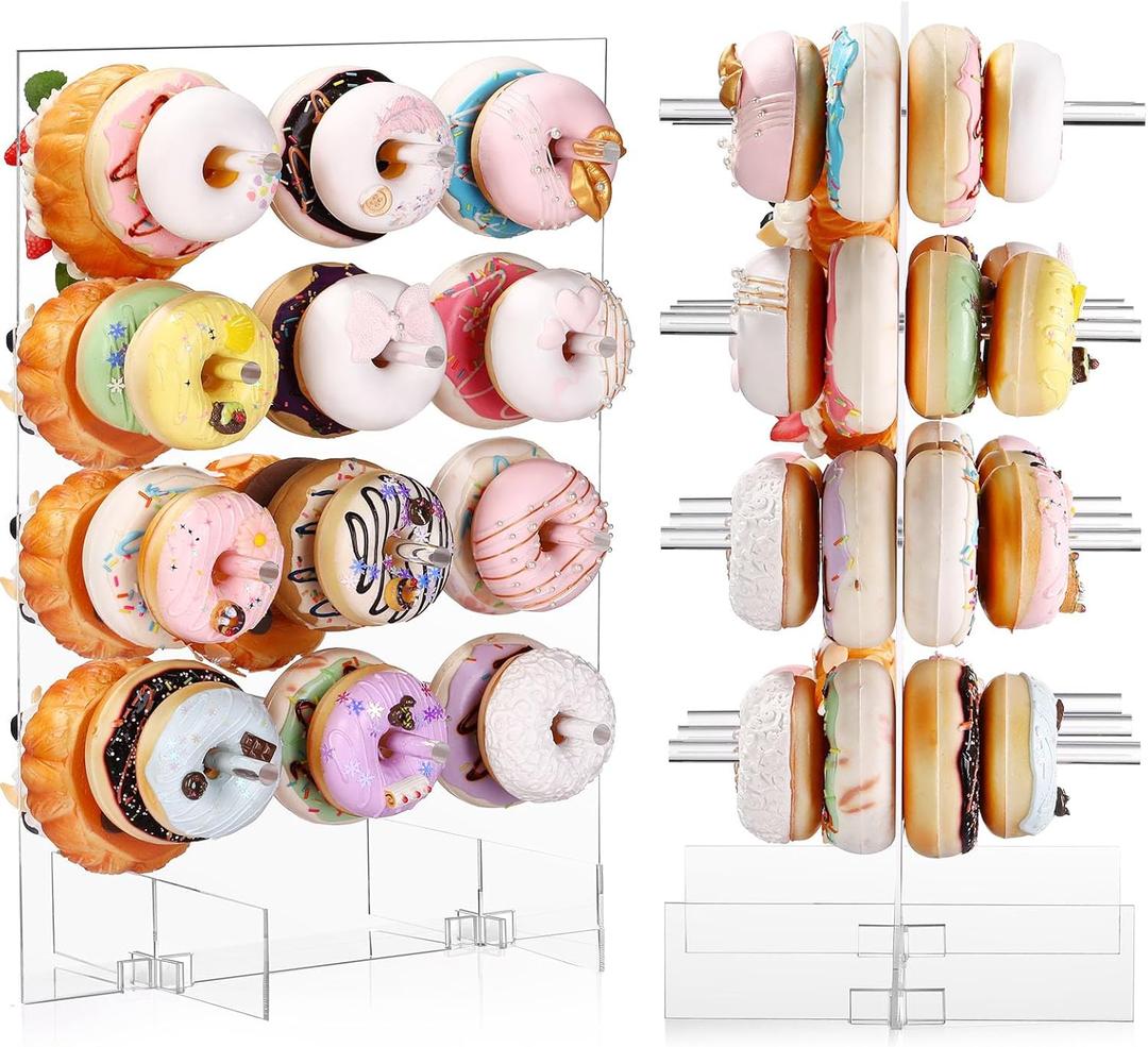 24 Pegs Double Side Acrylic Donut Display Stand Hold 48 Donuts Reusable Doughnut Board Display Clear Bagels Holders for Dessert Table Birthday Baby Shower Wedding Party Decorations