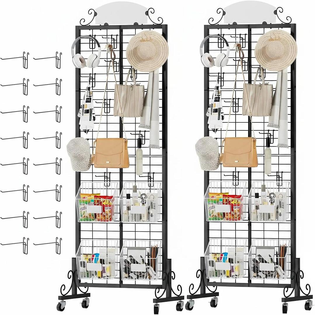 Urban Deco 2 Packs Grid Wall Panel Display Stand, 2.2' x 6.2' FT Gridwall Panel with Extra 16 Hooks, Craft Show Display Rack Black Metal Grids Standing Wire Rack for Retail Merchandise