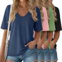 Huukeay 4 Pack Women's Half Sleeve Shirts V Neck Elbow Length Loose Tops Casual Summer Soft Basic Tees Haze Blue, Baby Pink, Apple Green, Black, Large