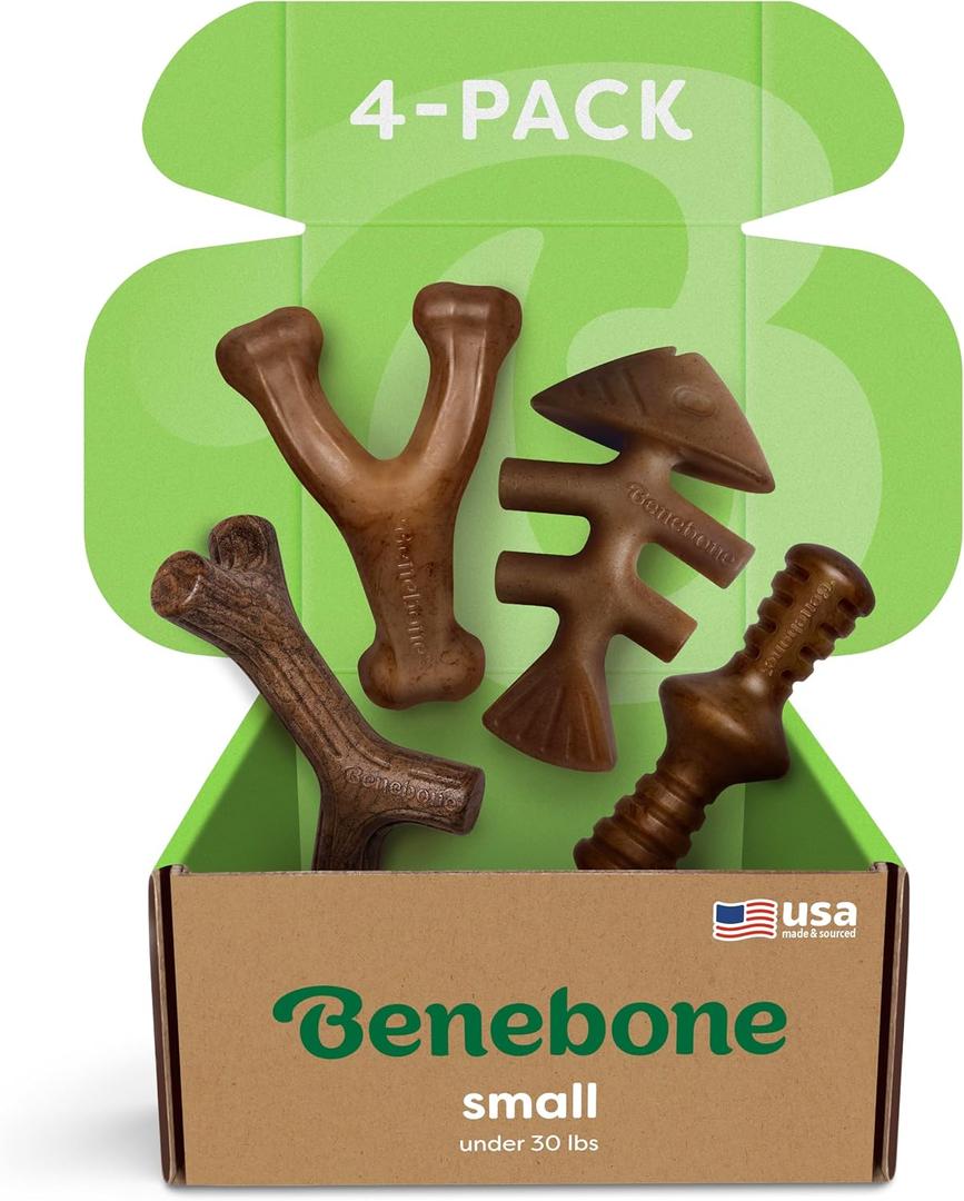 Benebone Small 4-Pack Dog Toys for Aggressive Chewers Durable Dog Bones, Made in USA Dog Toys for Small Dogs Under 30 lbs (EXP 12/08/26)