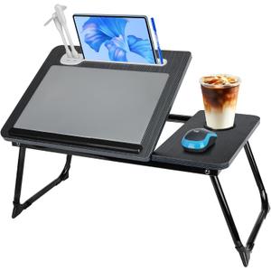 Laptop Bed Desk, Adjustable Lap Desk, Small Laptop Table with USB Charge Port, Desktop Card &Pen Slot, Cup Holder, Foldable Bed Tray Table for Couch Sofa Chair Floor Eating Working