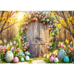 Easter Photo Backdrop Spring Backdrop Rustic Wooden Door with Colorful Easter Eggs Sunlit Spring Forest Background 10x7FT FW92