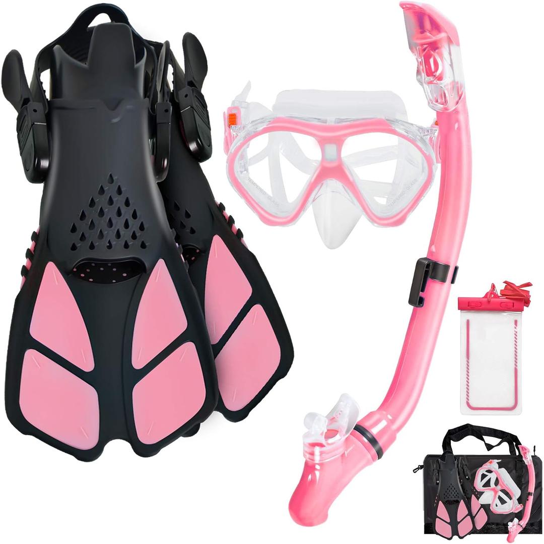 Kids Snorkeling Set Children Mask Fin Snorkel Set Snorkeling Gear Snorkel Mask + Adjustable Swimming Kids Flippers+ Dry Snorkel Tube + Travel Bags