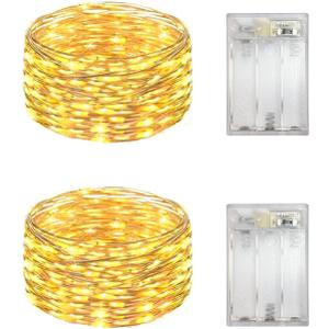 Everfit Lighting 2 Pack Battery Operated Mini Lights,Indoor Led Fairy Lights with Timer 6 Hours on/18 Hours Off for Wedding Party Decorations,50 Count LEDs,18 Feet Silver Wire (Yellow)