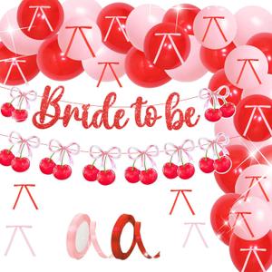 34 PCS Bride to Be Cherry Themed Bridal Shower Decorations Coquette Cherry Banner Balloons Shes Tying the Knot Bachelorette Party Decor Wedding