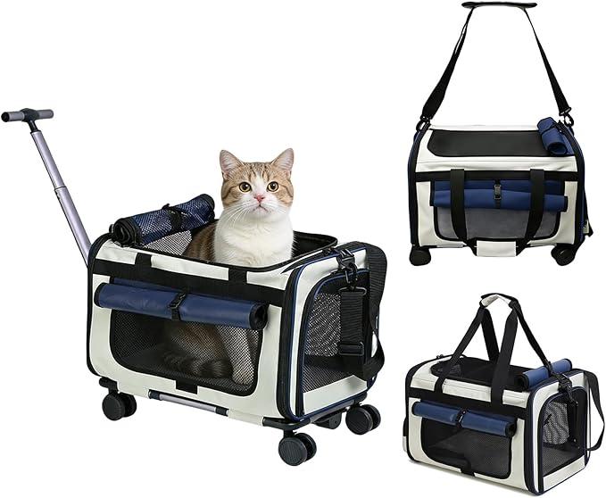 Expandable Pet Carrier with Wheels for Small Dogs and Cats,Airline Approved Rolling Cat Carrier with Removable Platform,18”X11”X14”,Foldable Soft-Sided Travel Bag Fits Under Seat,Up to 16 lbs(Blue), Medium