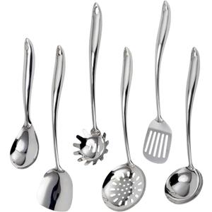 304 Stainless Steel Kitchen Utensils Set, VALESKA 6PCS Metal Cooking Utensils Set, Wok Spatula, Ladle, Skimmer Slotted Spoon, Pasta Spoon, Serving Large Ladle, Slotted Spatula Tunner (Mirror Polished)