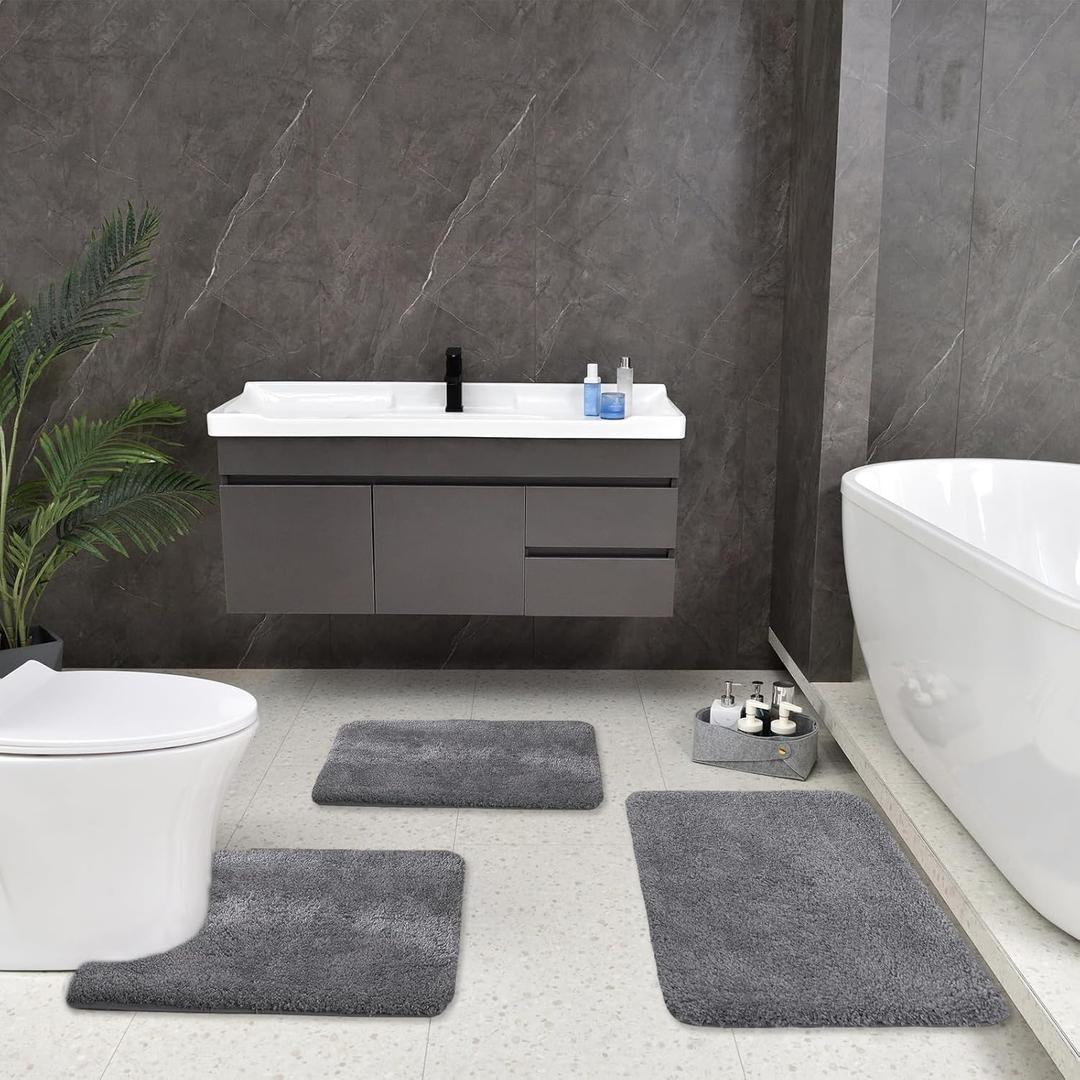 wyewye Bathroom Rugs Sets 3 Piece,Bath Rugs for Bath Non Slip, Ultra Soft Water Absorbent Microfiber Bath Mat Set, Machine Washable Thick Plush Bath Mats for Bathroom Floor,Tub and Shower,Deep Grey (3 pcs 24 "x17"+32 "x20"+24 "x20")