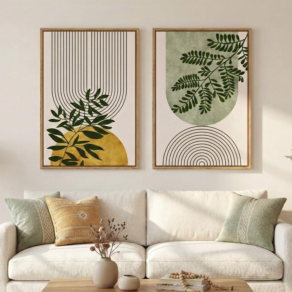 Framed Green Boho Wall Art for Living Room, Set of 2 Neutral Bohemian Botanical Geometric Artwork for Walls, Large Mid Century Modern Canvas Painting Print Wall Decor for Bedroom Office, 20x30 Inch