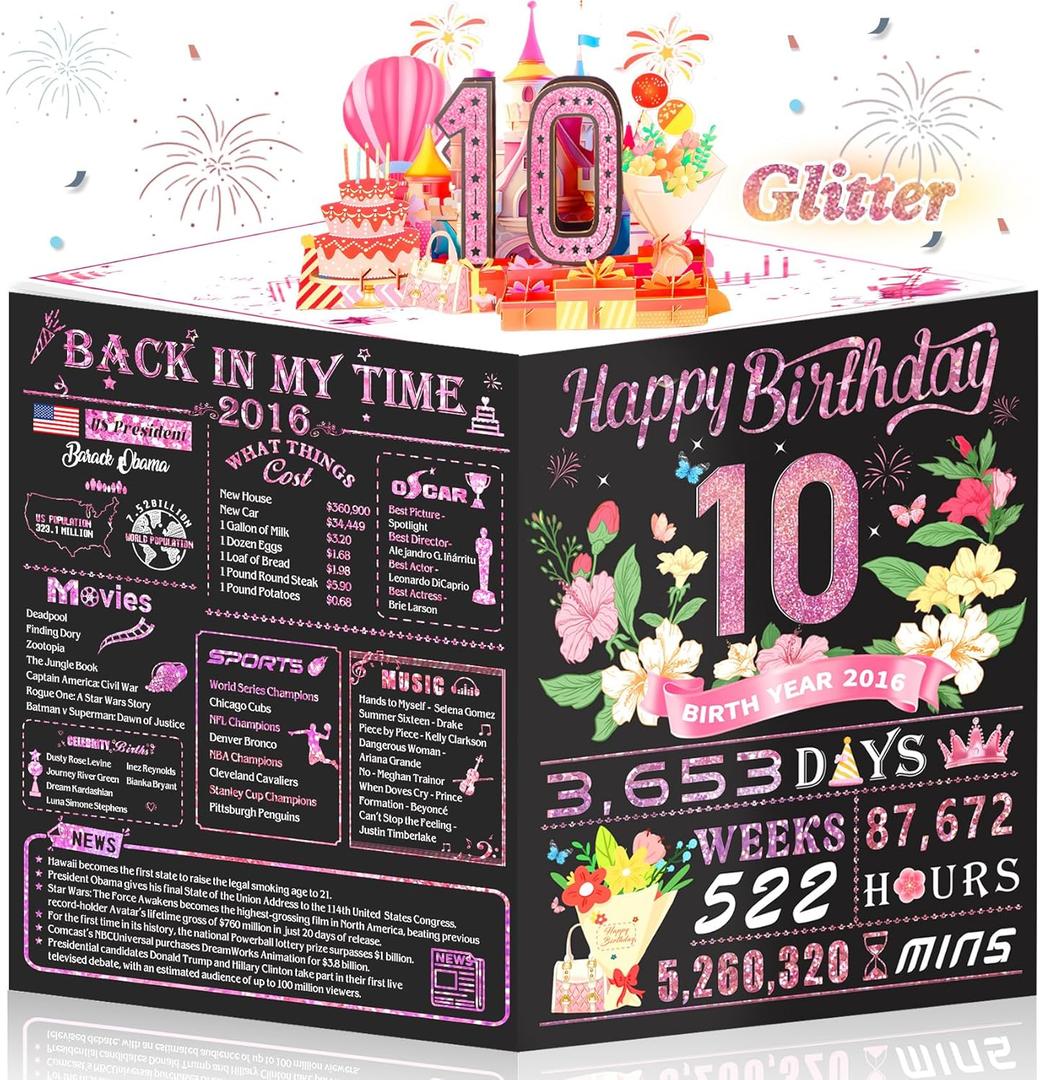 10th Birthday Card,3D Pop Up Funny 10th Birthday Decorations for Girls Granddaughter Sister,Happy 10 Year Old Birthday Gift for Daughter,Great 10 Year Old Gifts Idea for Her,Jumbo Rose Glod In 2016