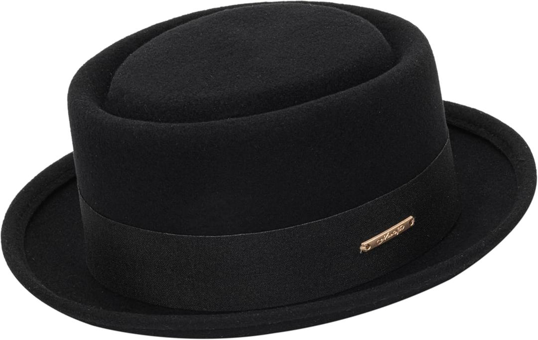 Pork Pie Hat for Men Women Short Brim Fedora Flat Hat Wool Felt Boater Panama Hats Size:S-M (Black - Short and Curly Brim)