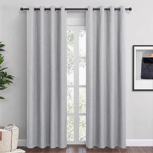 QmQmok Light Grey Linen Blackout Curtains 108 Inch Length 2 Panels Set for Bedroom Living Room Grommet 100% Black Out Linen Drapes Room Darkening Window Curtains 108 Inches Long Light Silver Gray
