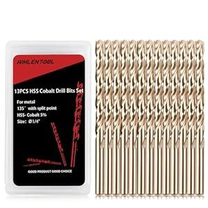 AIMLENTOOL 1/ 4 Inch Cobalt Drill Bits, 13 Pack of M35 HSS, 135 Degree Tip, Jobber Length Twist Drill Bit Set for Hardened Metal, Stainless Steel, Cast Iron, Wood and Plastic, with Indexed Storage Case